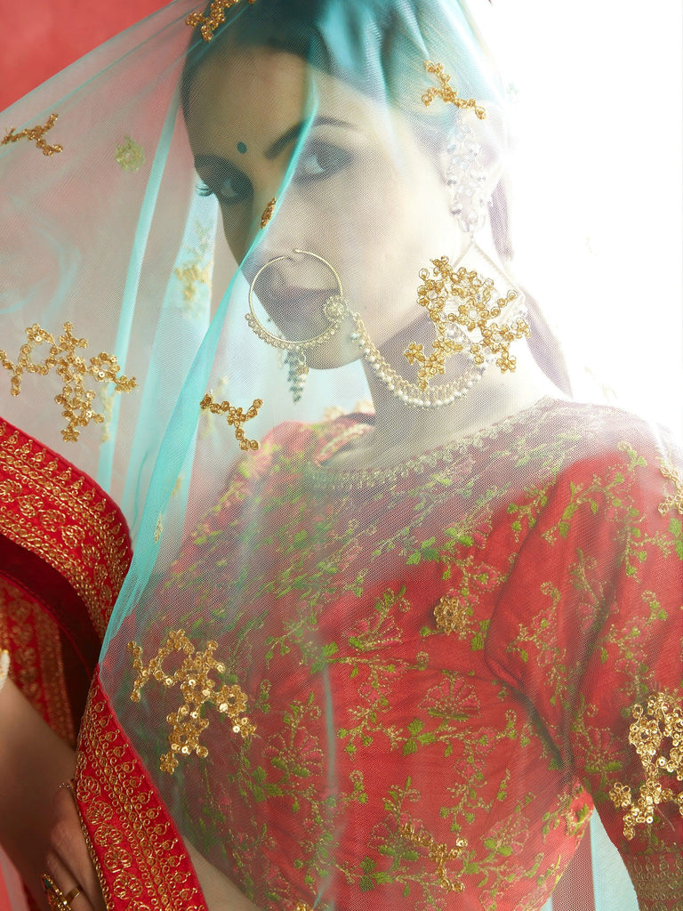 Rose Pink Floral Print Banglori Silk Bridal Lehenga With Pink Choli And Turquoise Dupatta