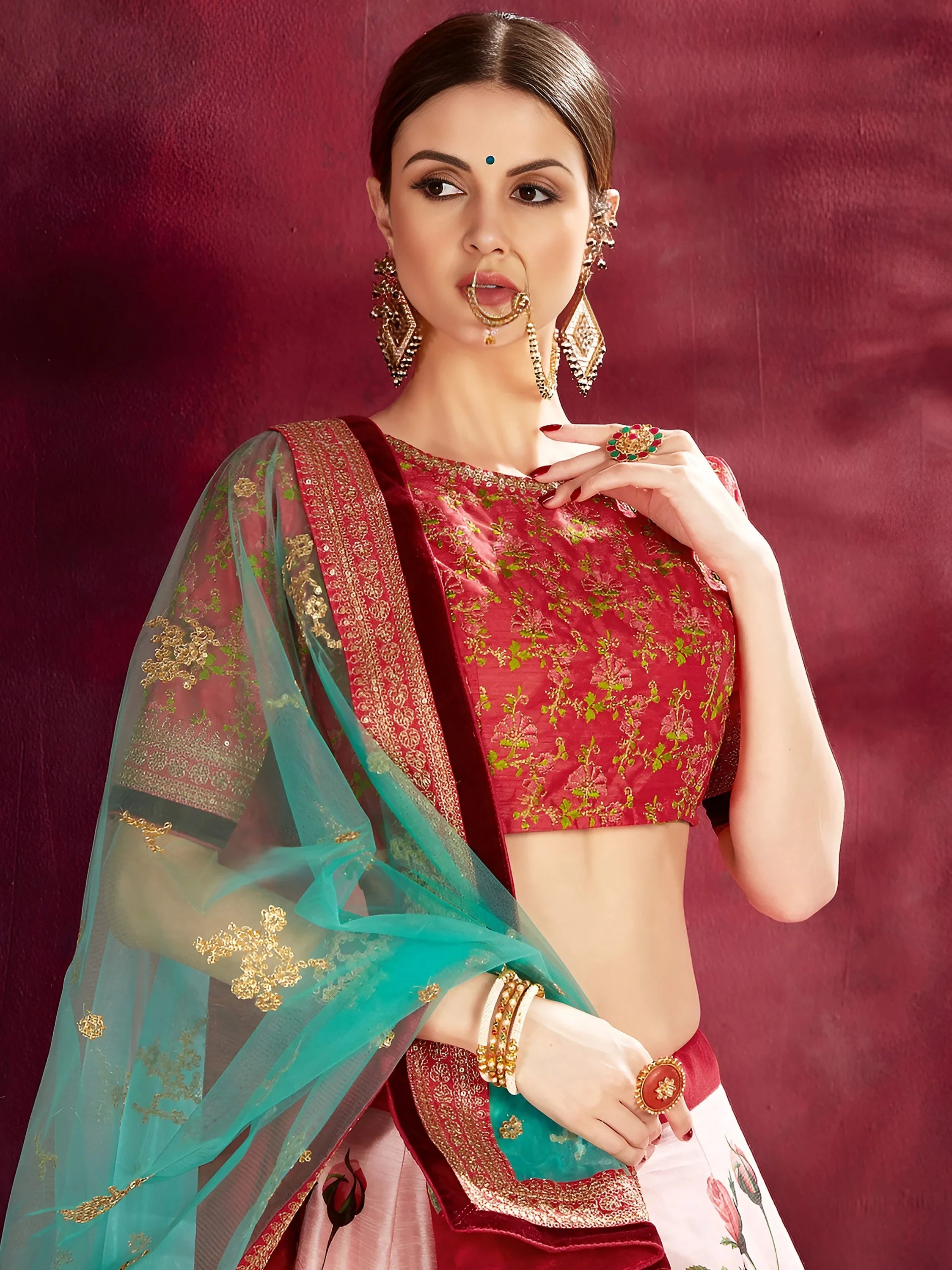 Rose Pink Floral Print Banglori Silk Bridal Lehenga With Pink Choli And Turquoise Dupatta