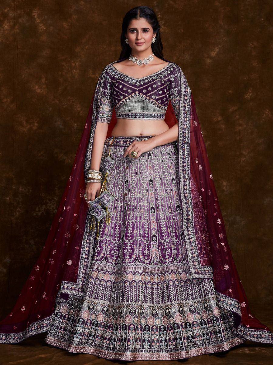 Purple and maroon embroidered lehenga choli with dupatta, Indian ethnic wear for weddings and festivals