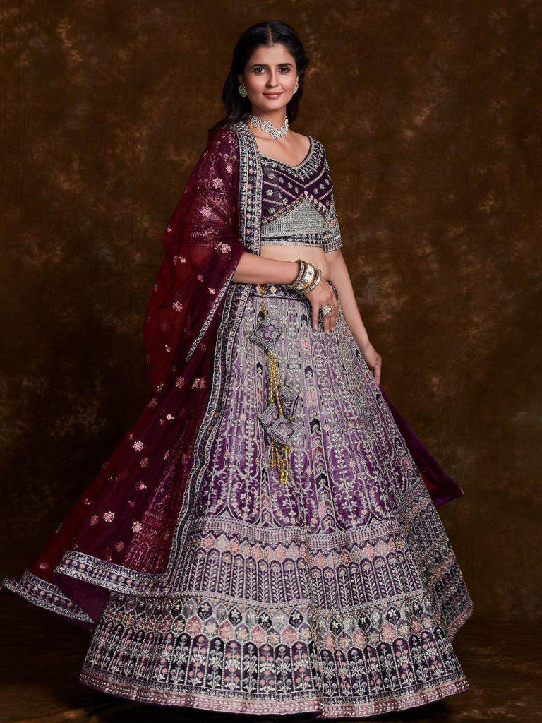 Charming Wine Embroidered Art Silk Reception Wear Lehenga Choli