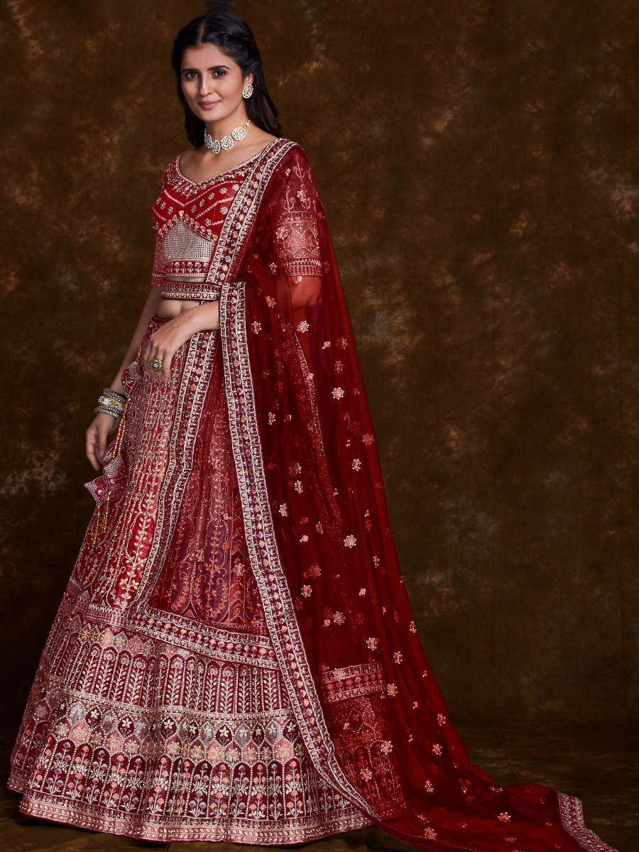 Red embroidered lehenga choli with dupatta, Indian ethnic wear for weddings and festivals