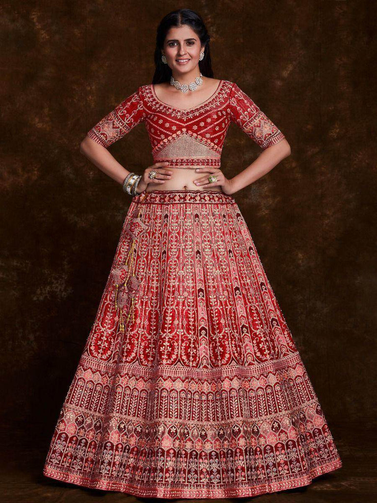 Stunning Red Embroidered Art Silk Bridal Lehenga Choli With Dupatta