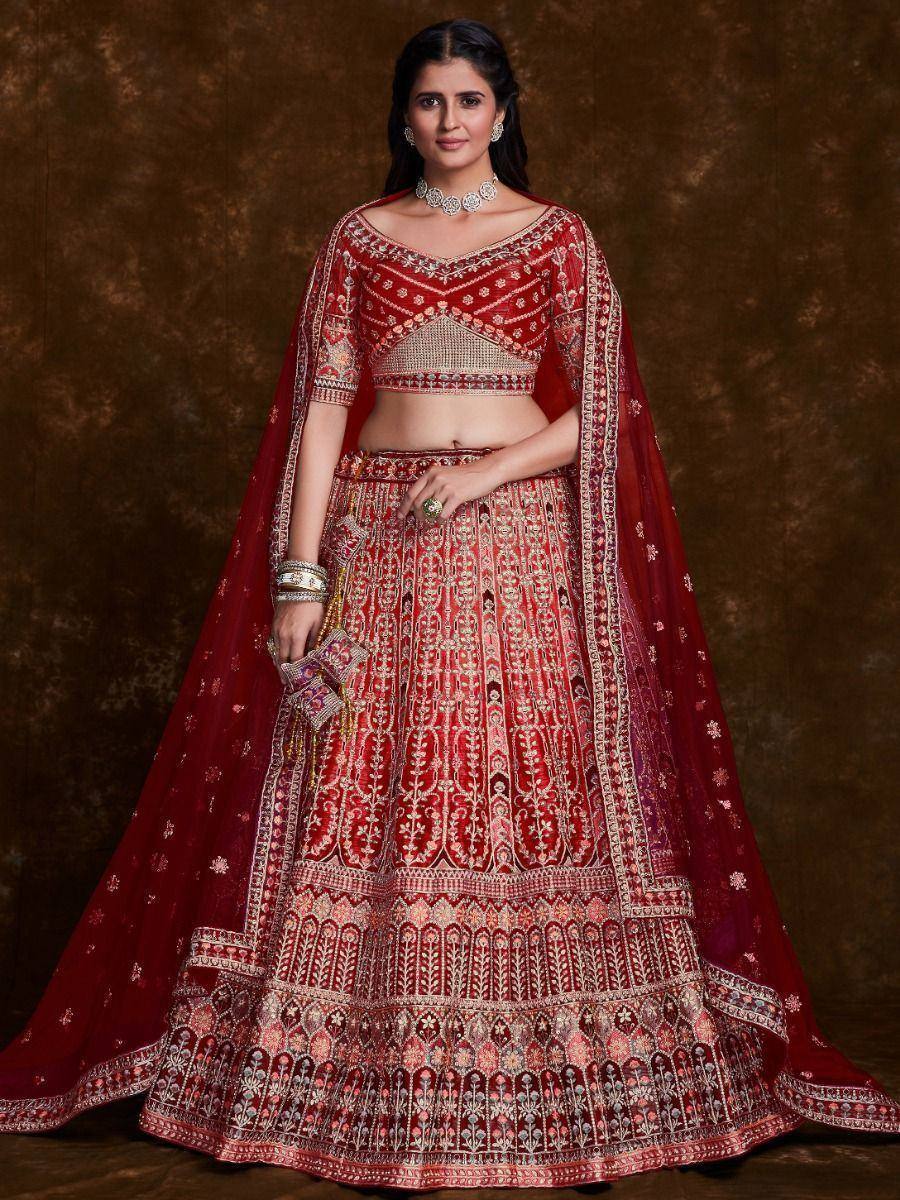 Red embroidered lehenga choli with dupatta, Indian ethnic wear for weddings and festivals