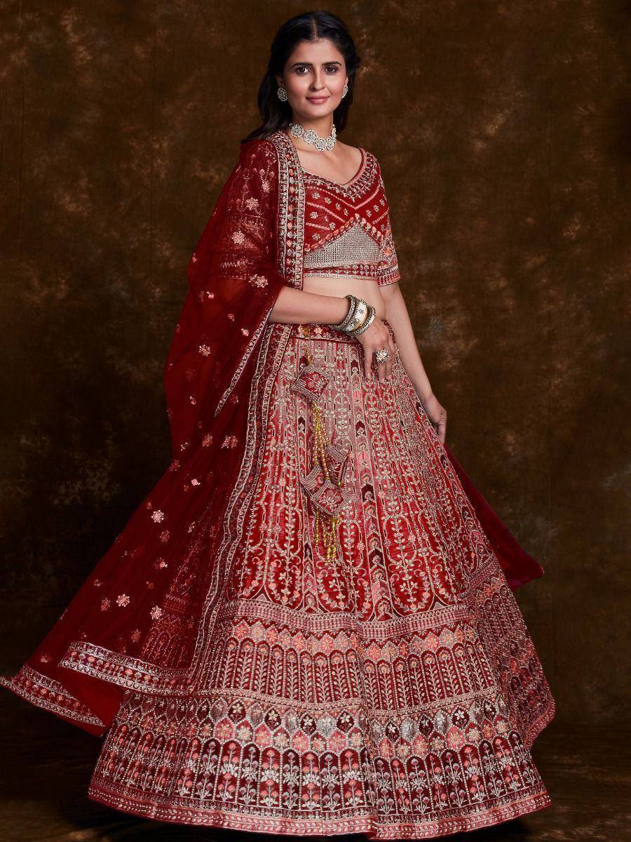 Red embroidered lehenga choli with dupatta, Indian ethnic wear for weddings and festivals