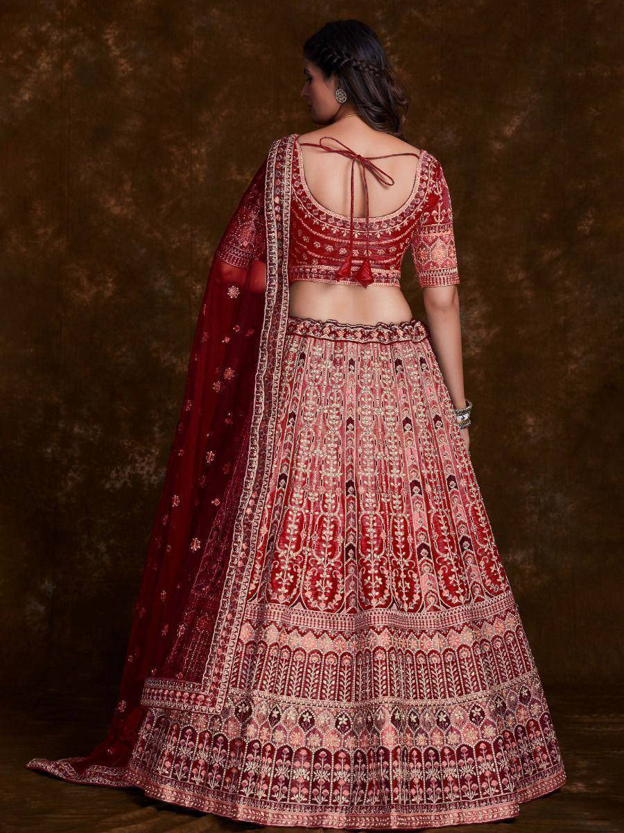 Red embroidered lehenga choli with back tie blouse and dupatta, Indian ethnic wear