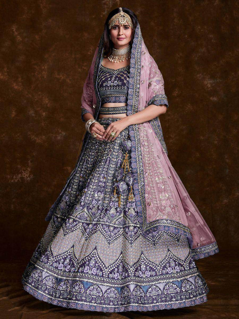 Vibrant Violet Embroidered Art Silk Wedding Lehenga Choli With Dupatta