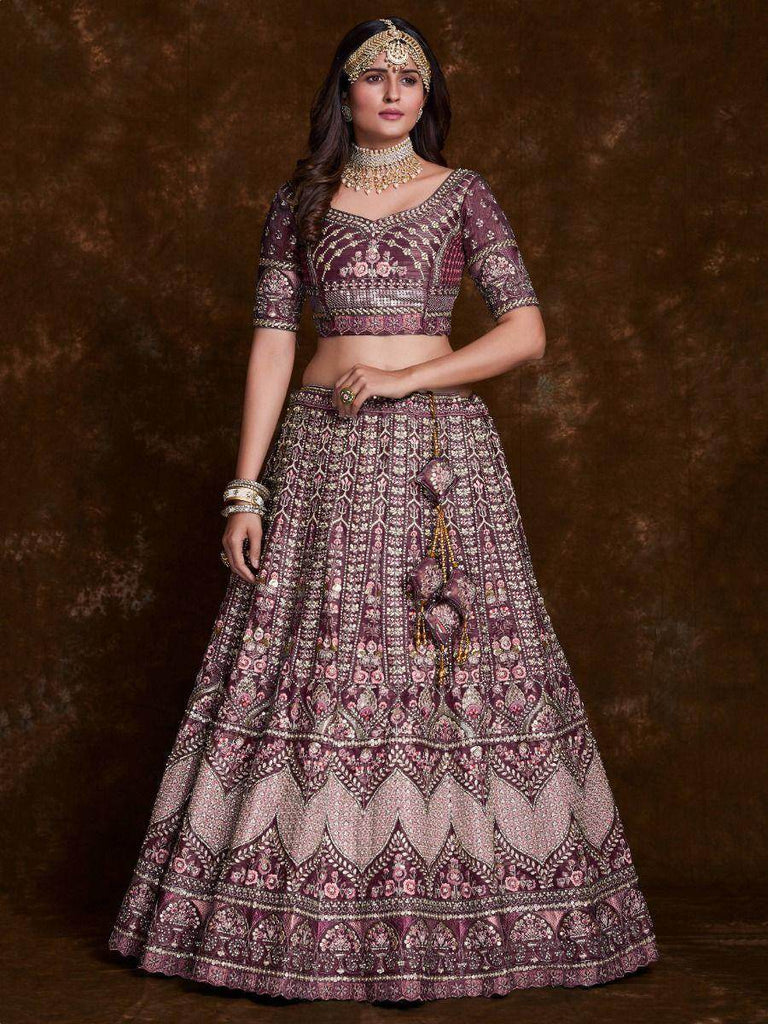 Radiance Wine Embroidered Art Silk Bridesmaid Lehenga Choli With Dupatta