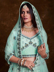 Gorgeous Sea Green Embroidered Soft Net Wedding Lehenga Choli