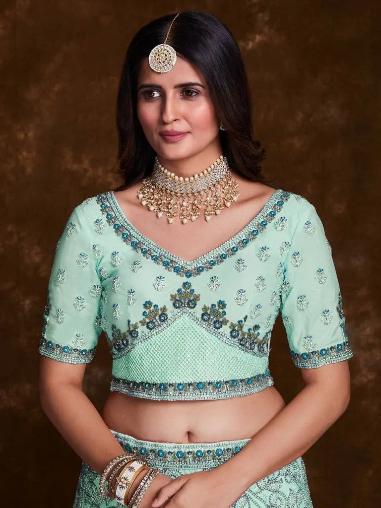 Gorgeous Sea Green Embroidered Soft Net Wedding Lehenga Choli