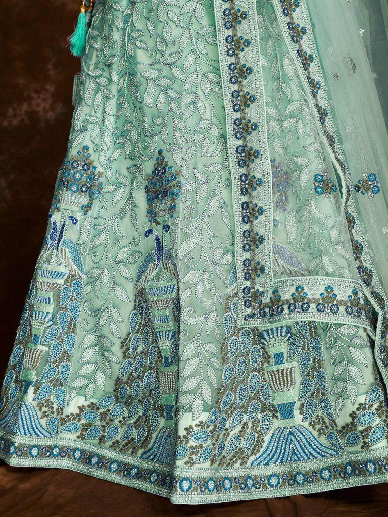 Gorgeous Sea Green Embroidered Soft Net Wedding Lehenga Choli