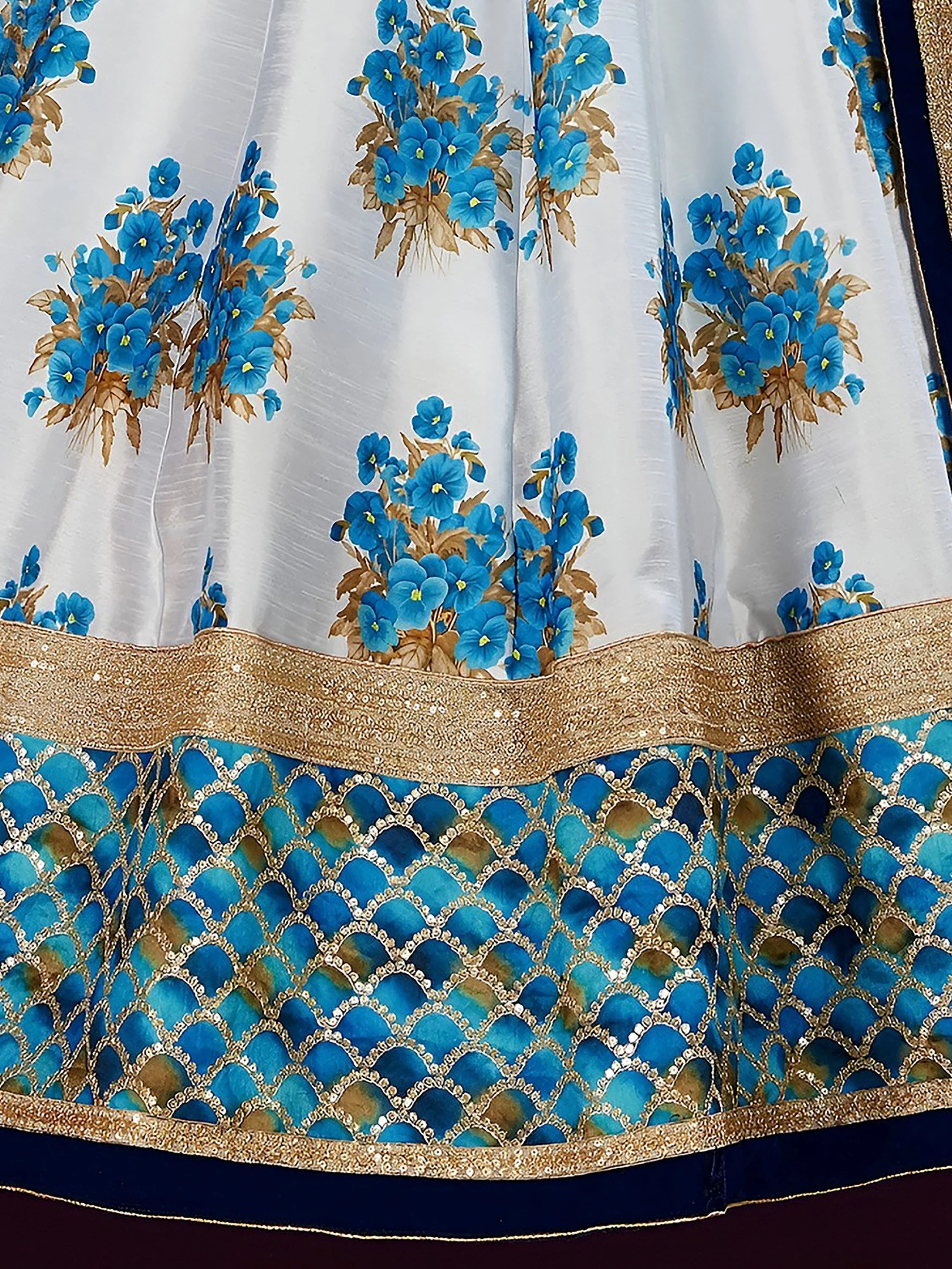 Attractive White Floral Print Banglori Silk Wedding Lehenga Choli