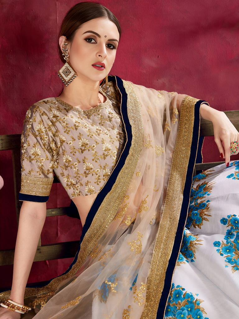 Attractive White Floral Print Banglori Silk Wedding Lehenga Choli