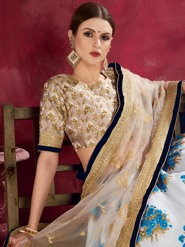 Attractive White Floral Print Banglori Silk Wedding Lehenga Choli