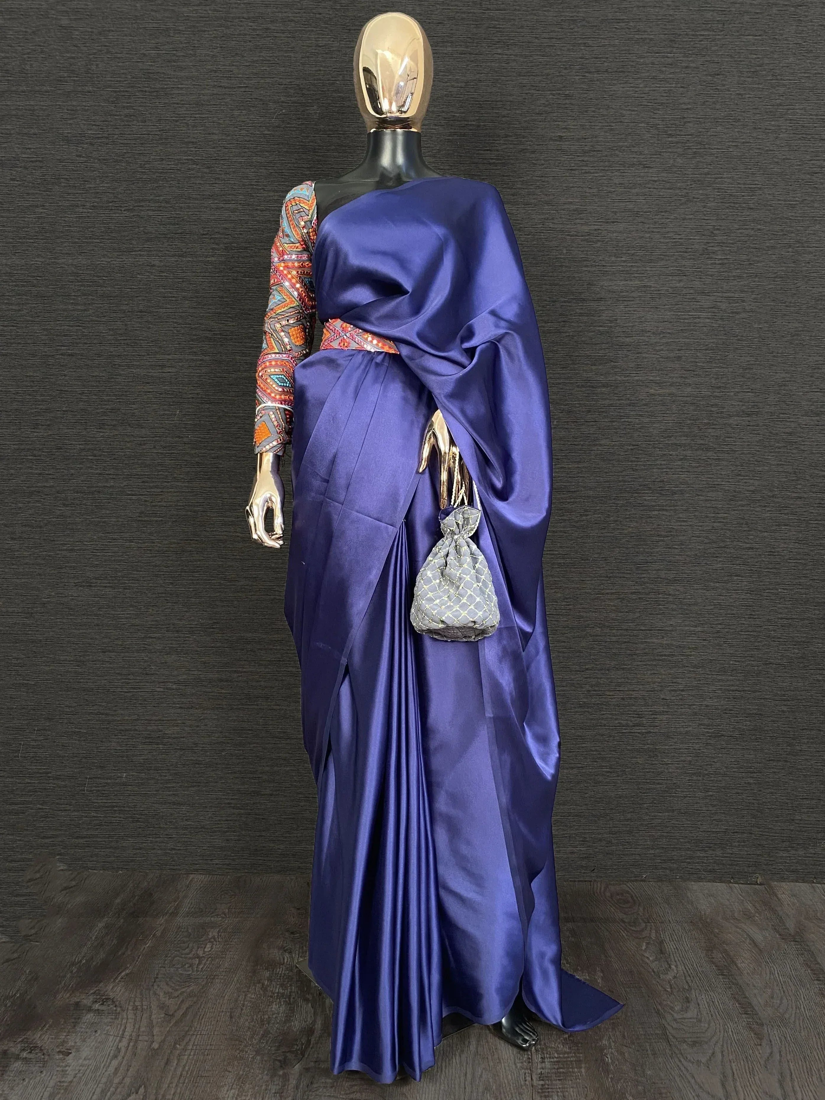 Royal blue satin saree with embroidered blouse, ethnic wear for women, paired with potli bag
