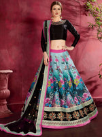 Attractive Blue Floral Printed Banglori Silk Bridal Lehenga With Black Choli