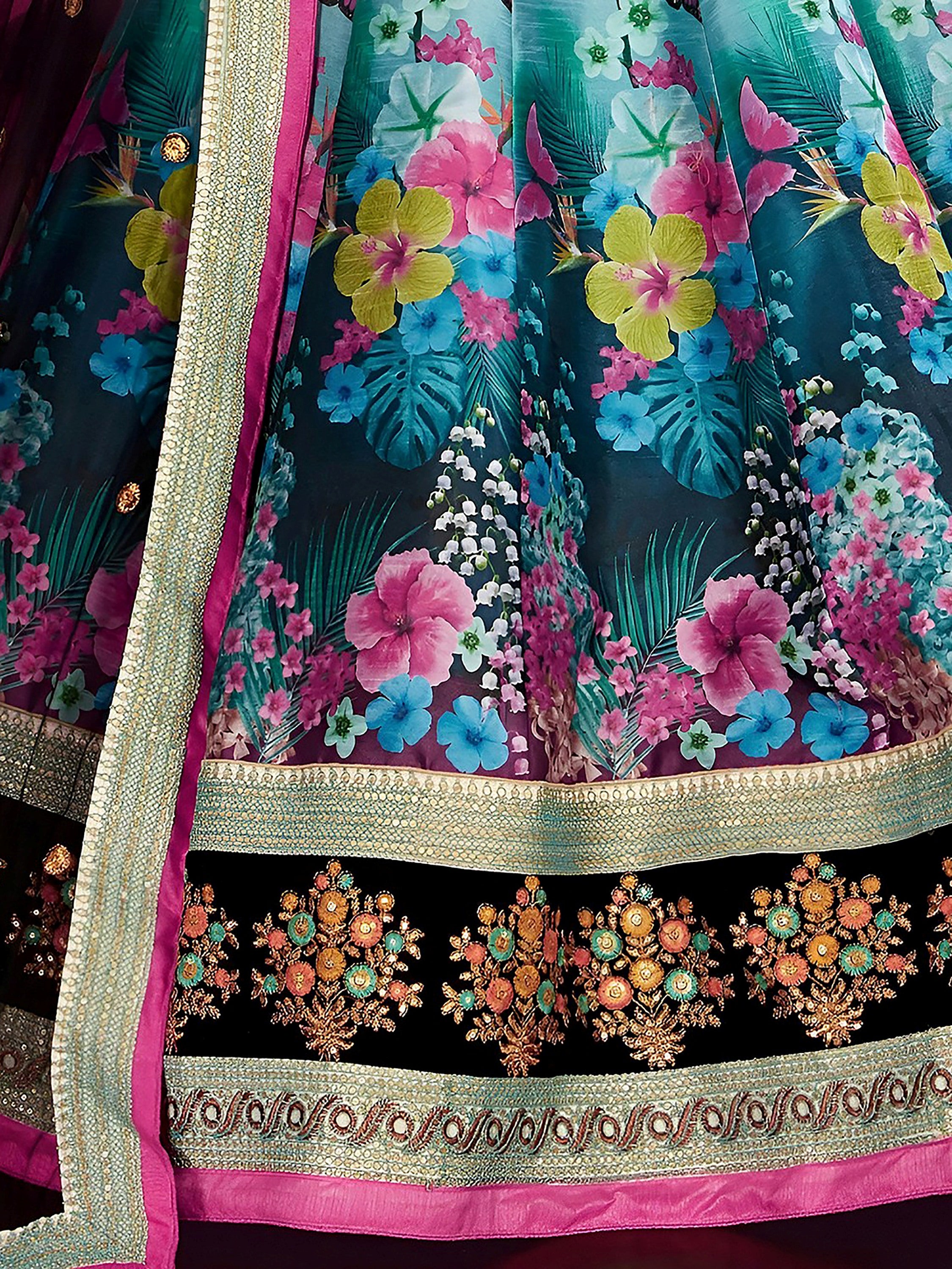 Attractive Blue Floral Printed Banglori Silk Bridal Lehenga With Black Choli