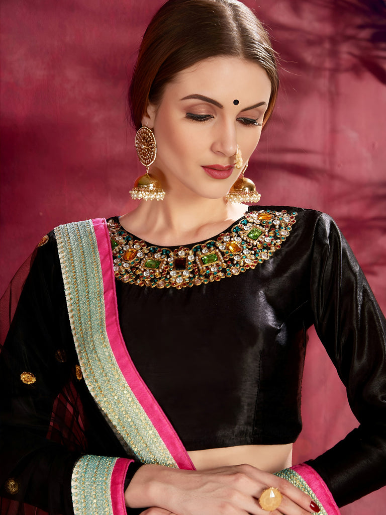 Attractive Blue Floral Printed Banglori Silk Bridal Lehenga With Black Choli