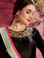 Attractive Blue Floral Printed Banglori Silk Bridal Lehenga With Black Choli