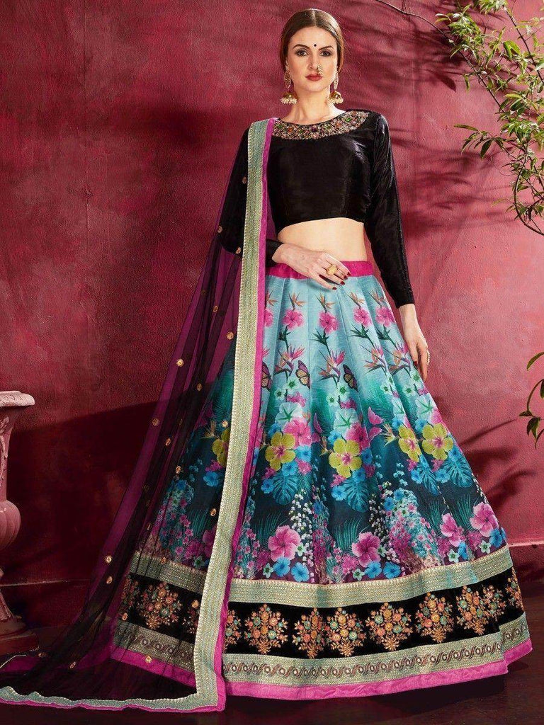 Attractive Blue Floral Printed Banglori Silk Bridal Lehenga With Black Choli