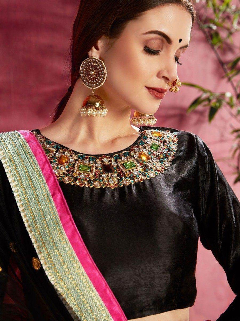 Attractive Blue Floral Printed Banglori Silk Bridal Lehenga With Black Choli