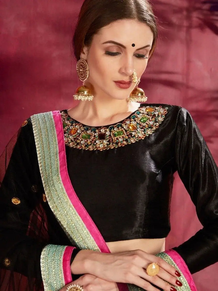 Attractive Blue Floral Printed Banglori Silk Bridal Lehenga With Black Choli