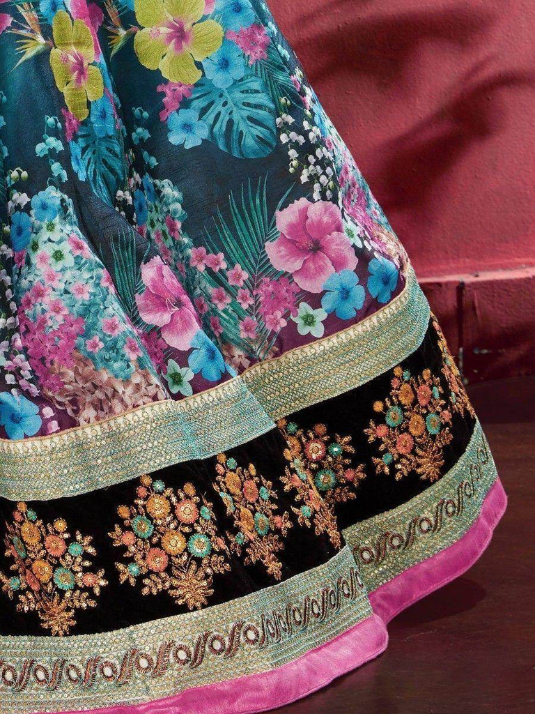 Attractive Blue Floral Printed Banglori Silk Bridal Lehenga With Black Choli