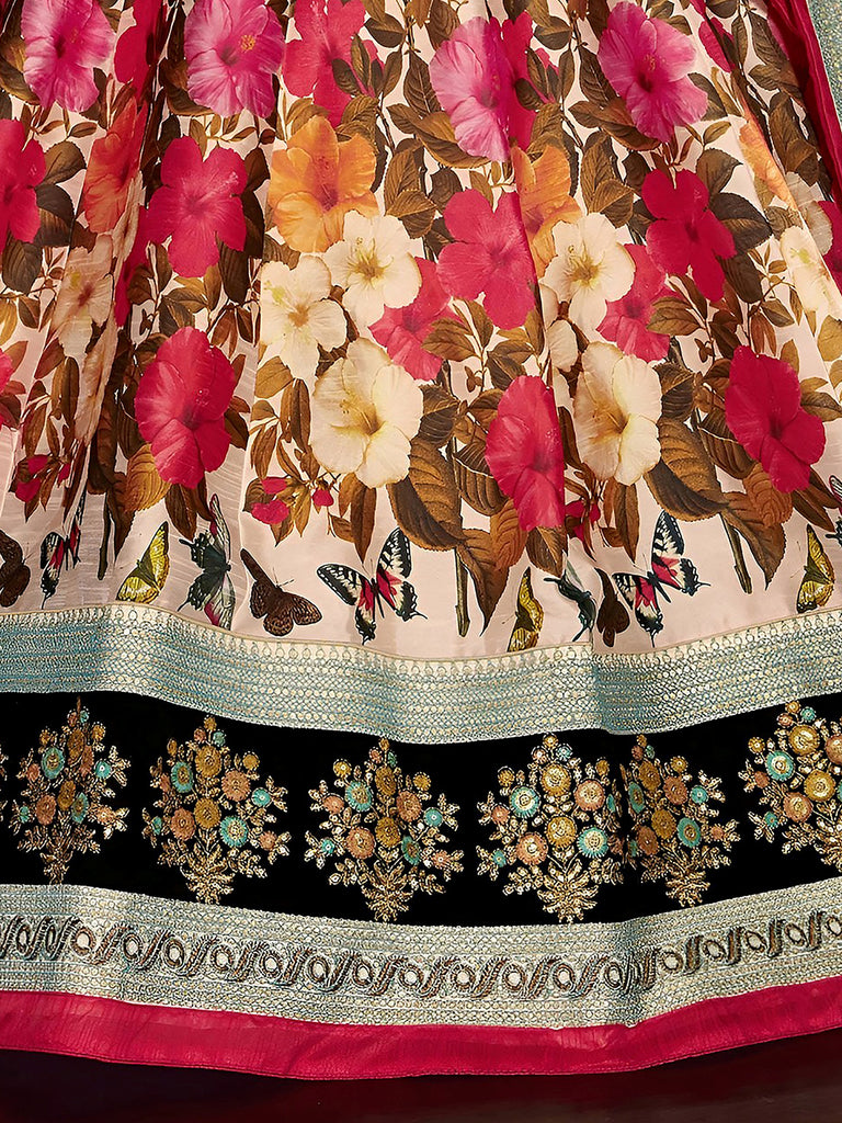 Multi Color Floral Printed Banglory Silk Bridal Lehenga Black Choli And Dupatta