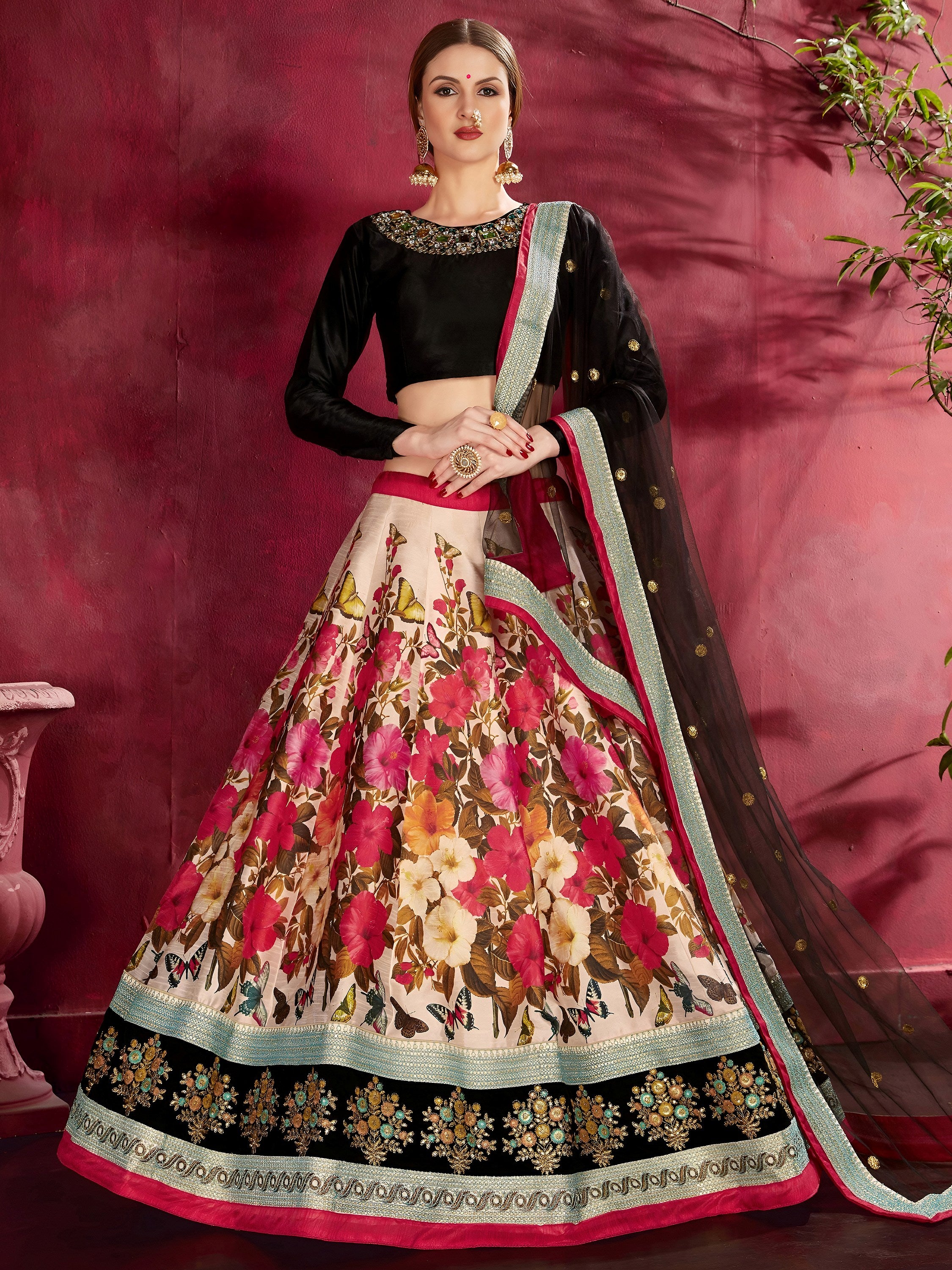 Multi Color Floral Printed Banglory Silk Bridal Lehenga Black Choli And Dupatta