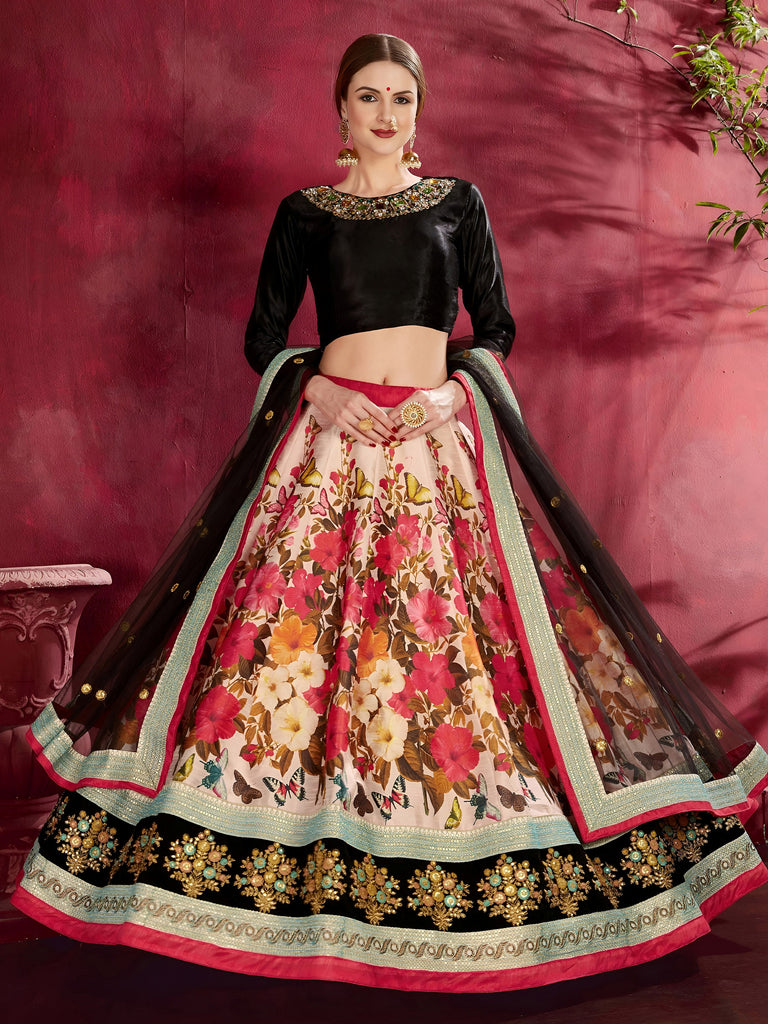 Multi Color Floral Printed Banglory Silk Bridal Lehenga Black Choli And Dupatta