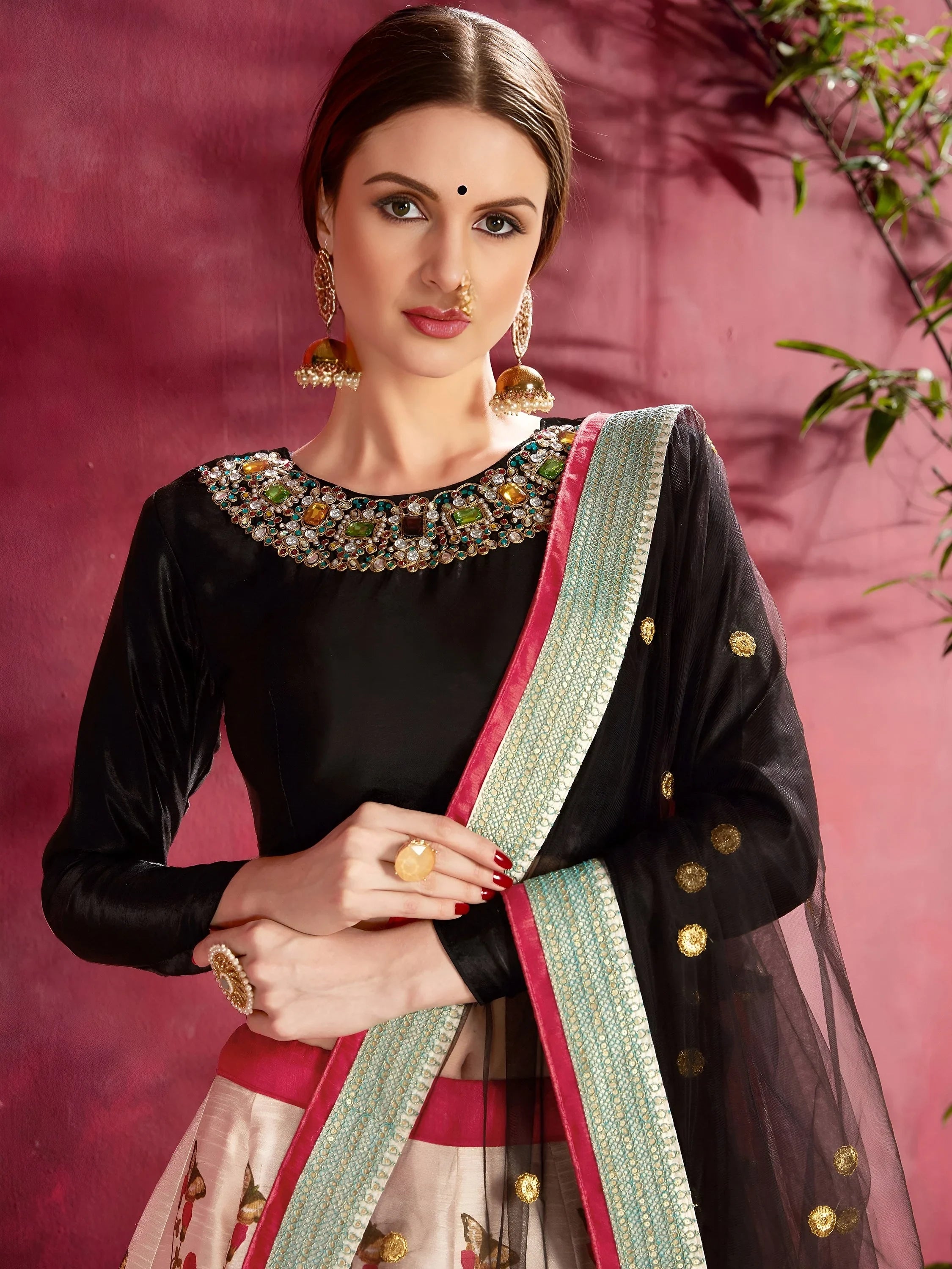 Multi Color Floral Printed Banglory Silk Bridal Lehenga Black Choli And Dupatta