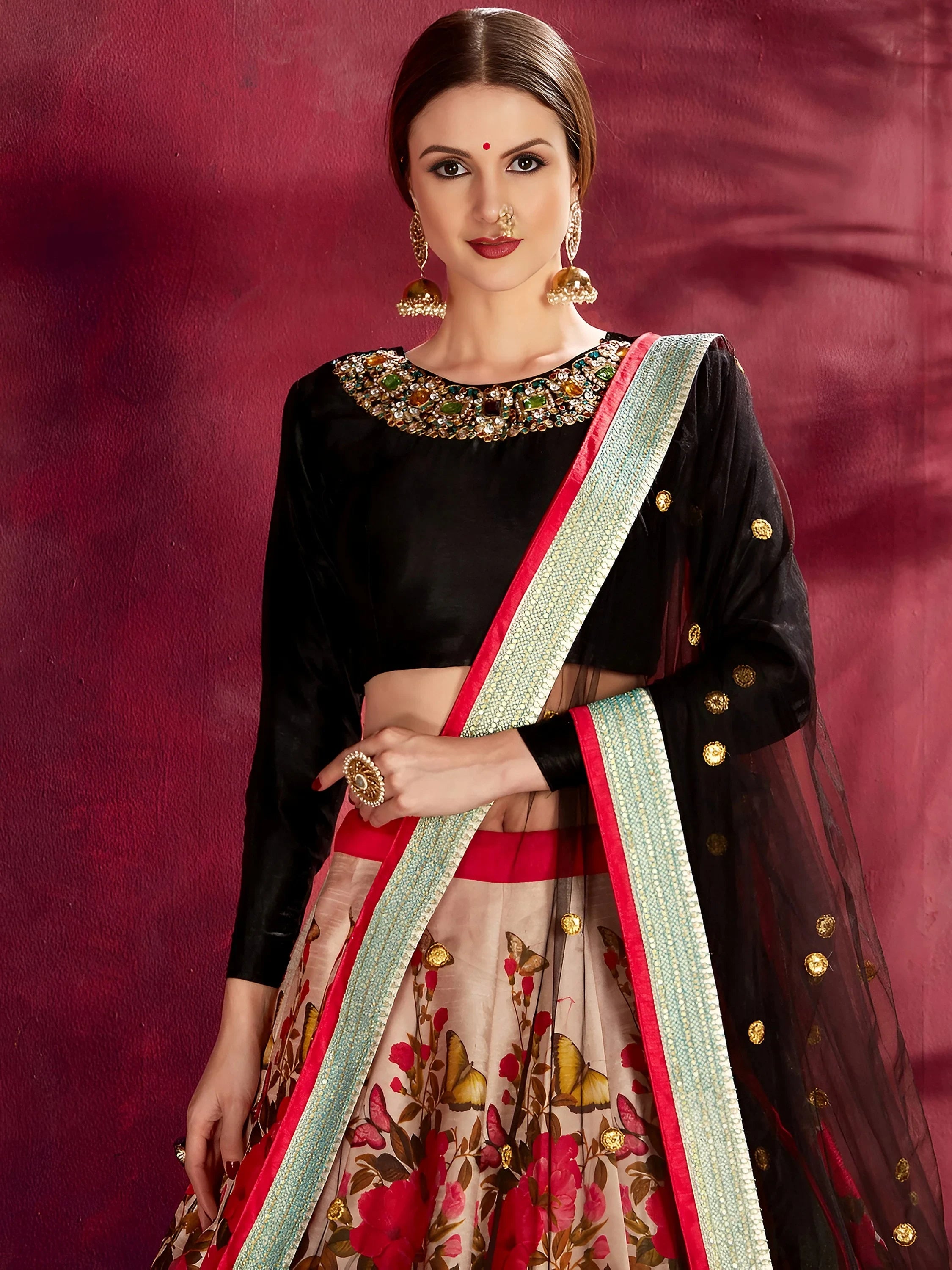 Multi Color Floral Printed Banglory Silk Bridal Lehenga Black Choli And Dupatta