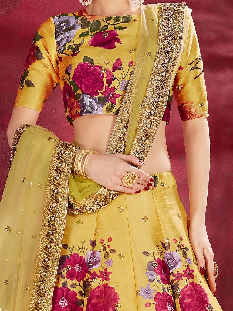 Yellow Floral Printed Banglori Silk Bridal Lehenga Choli With Dupatta