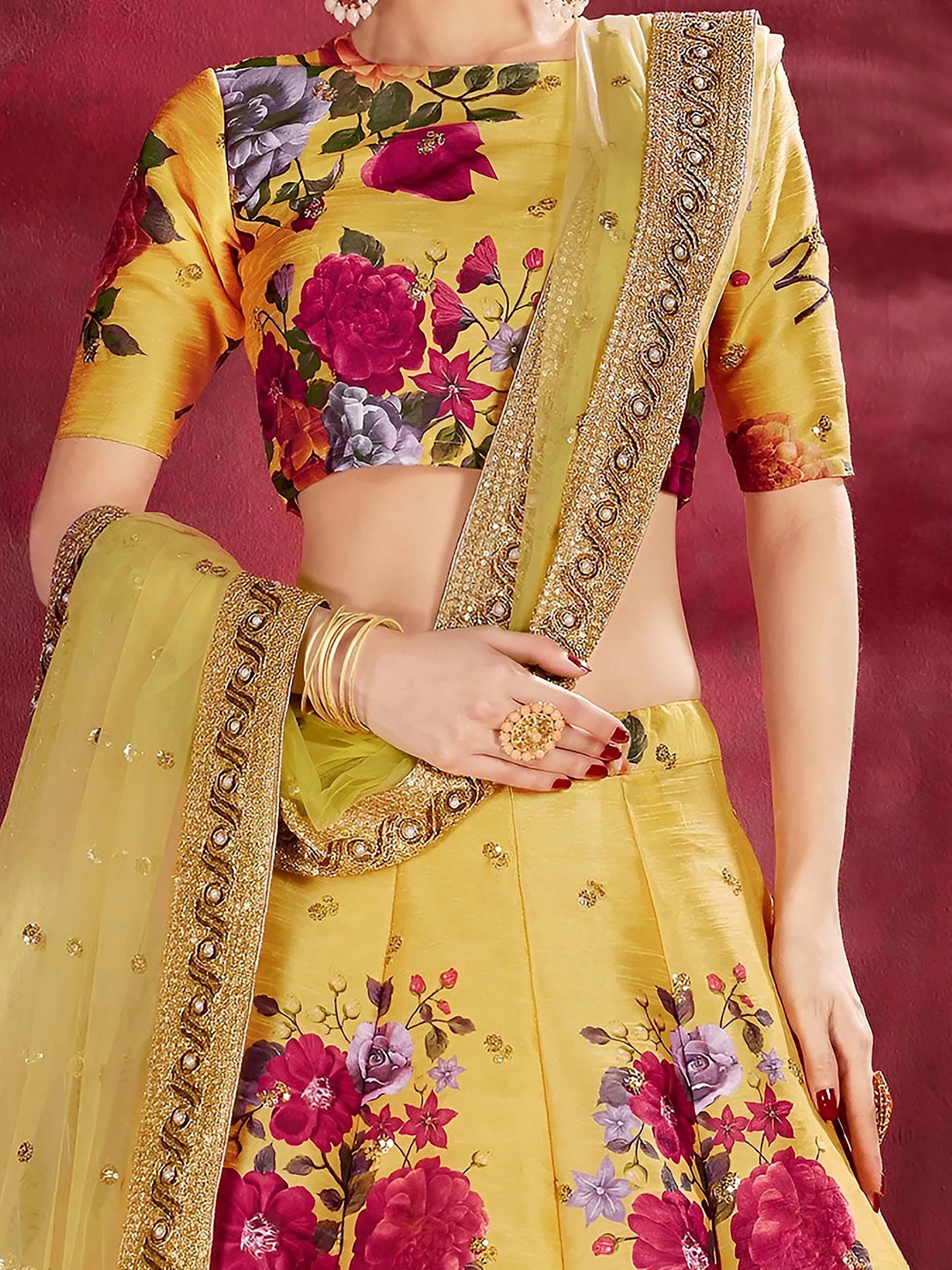 Yellow Floral Printed Banglori Silk Bridal Lehenga Choli With Dupatta
