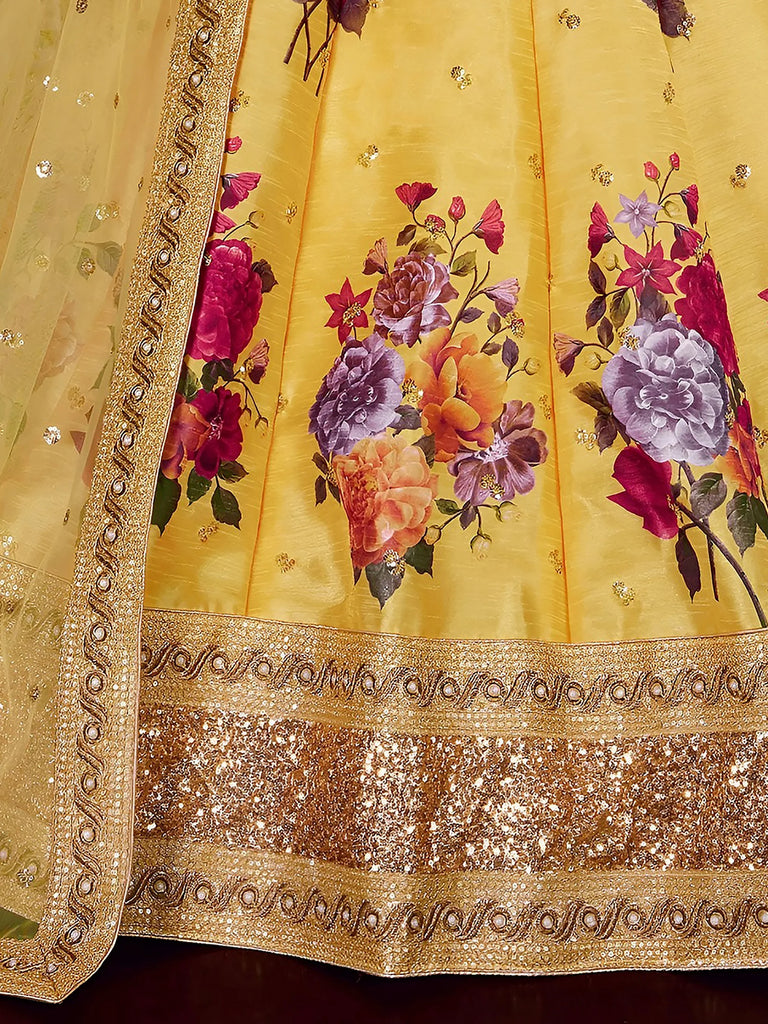 Yellow Floral Printed Banglori Silk Bridal Lehenga Choli With Dupatta