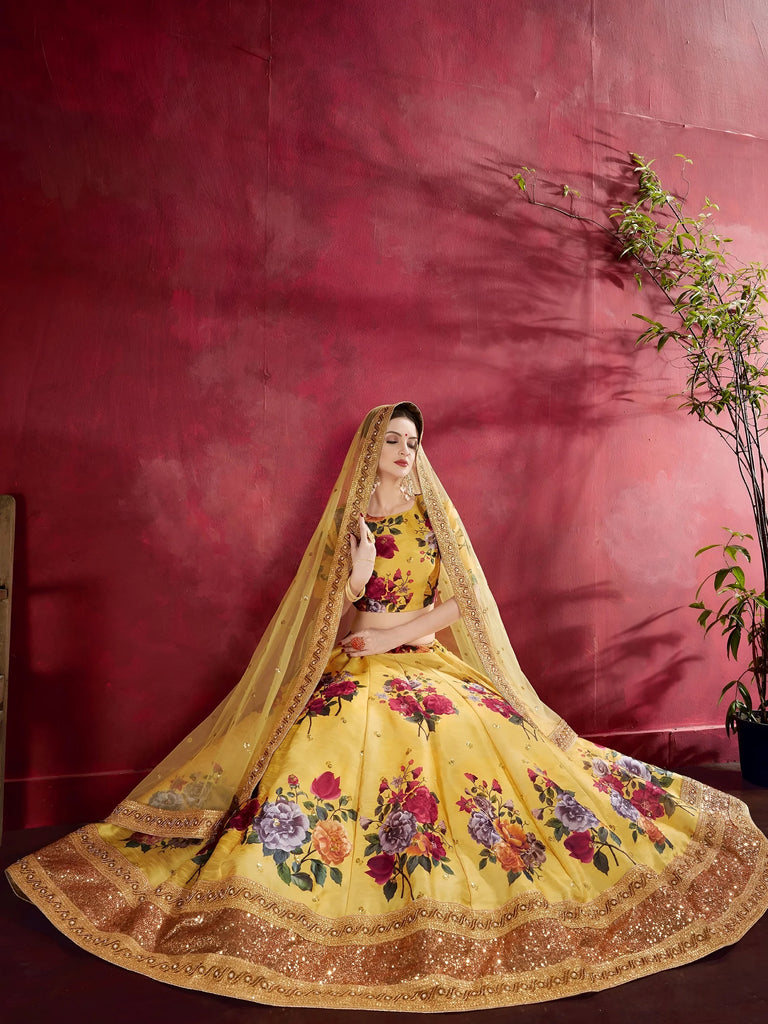 Yellow Floral Printed Banglori Silk Bridal Lehenga Choli With Dupatta