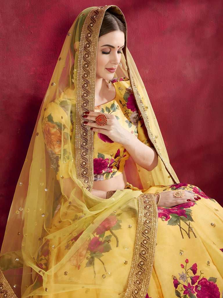 Yellow Floral Printed Banglori Silk Bridal Lehenga Choli With Dupatta