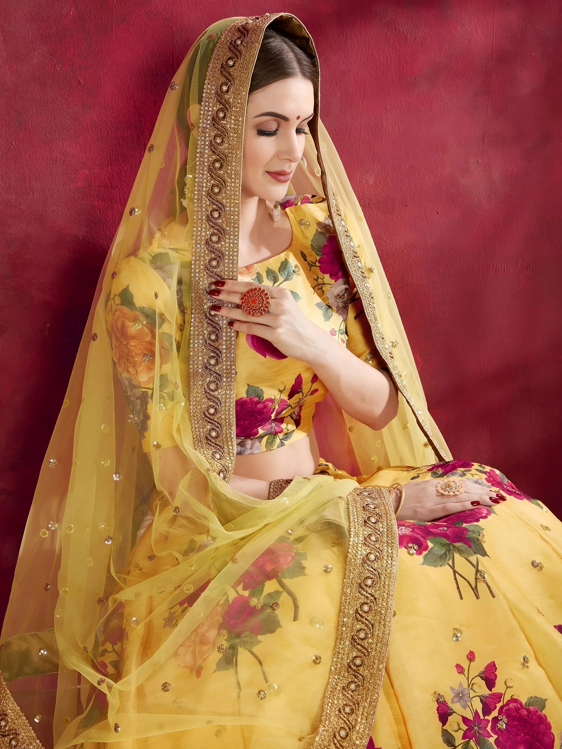 Yellow Floral Printed Banglori Silk Bridal Lehenga Choli With Dupatta