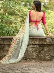 Magnificent Light Green Sequins Embroidered Satin Party Wear Saree