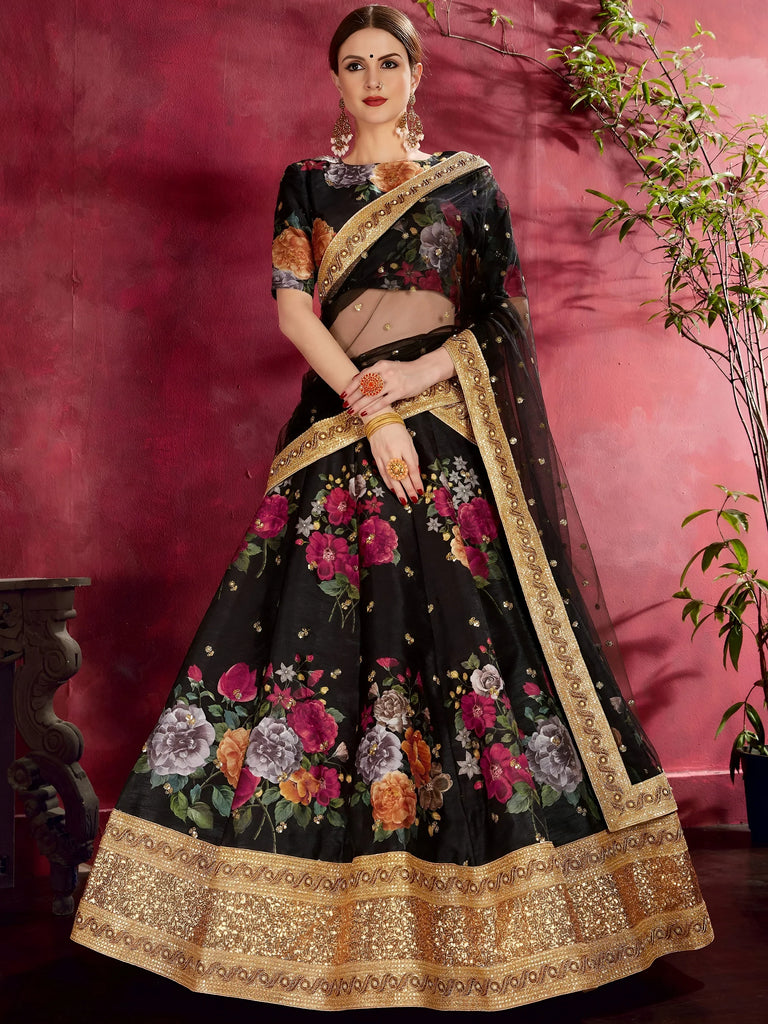 Black Floral Printed Banglori Silk Bridal Lehenga Choli With Dupatta