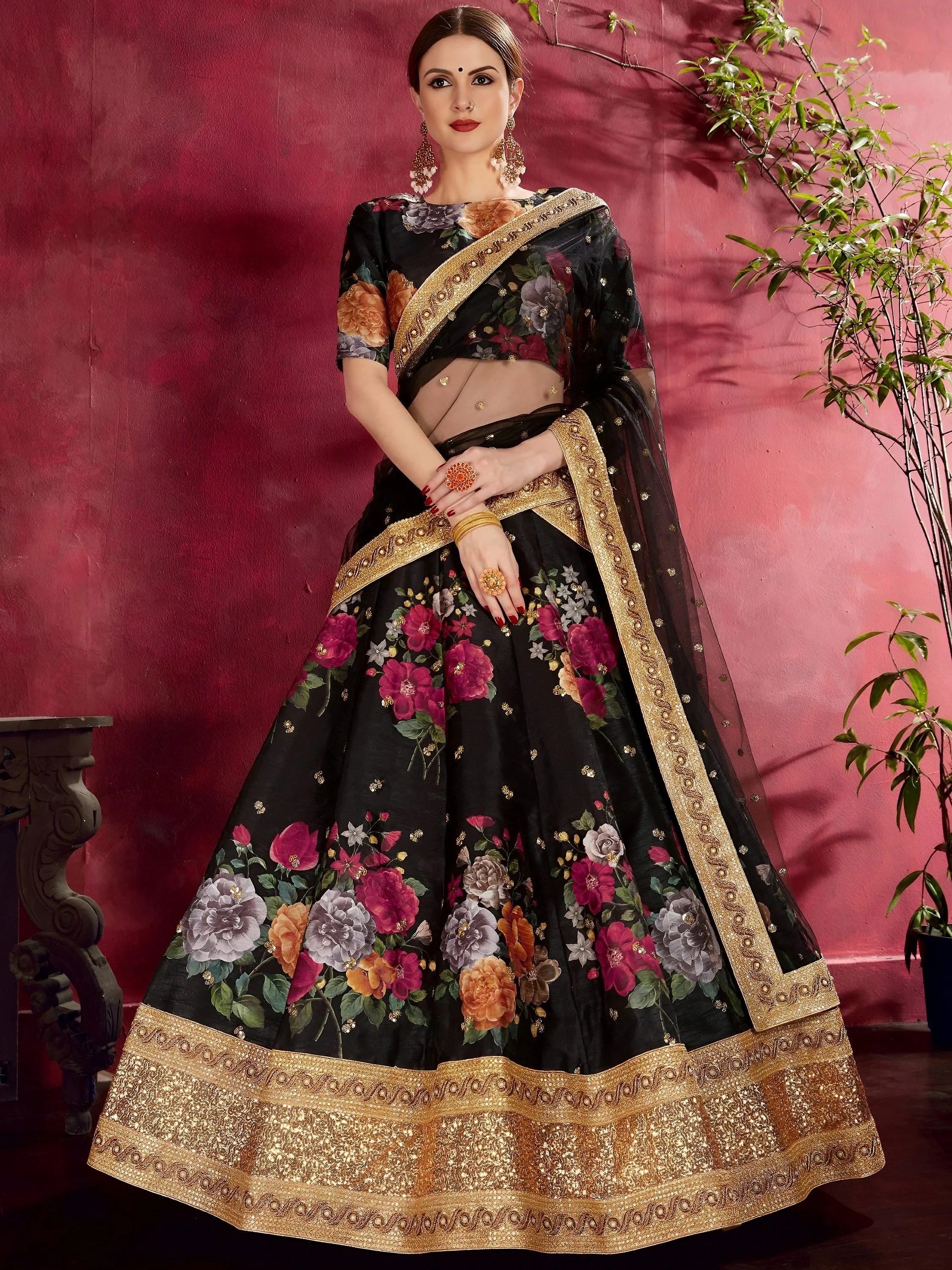 Black Floral Printed Banglori Silk Bridal Lehenga Choli With Dupatta