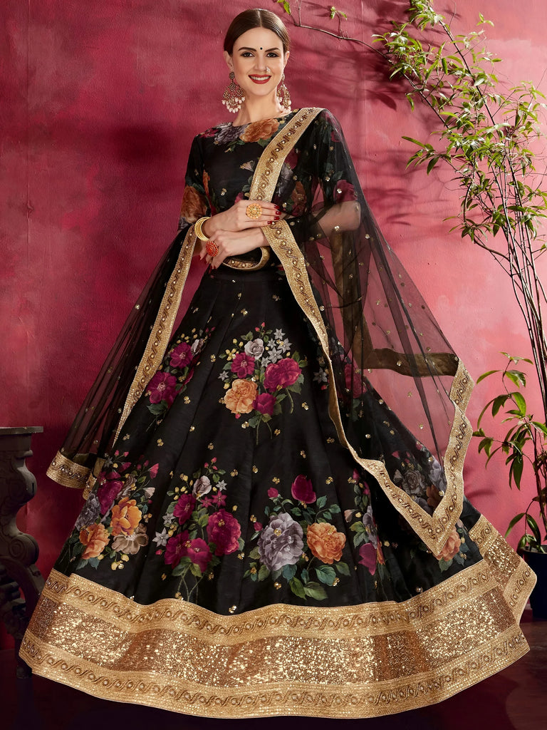 Black Floral Printed Banglori Silk Bridal Lehenga Choli With Dupatta