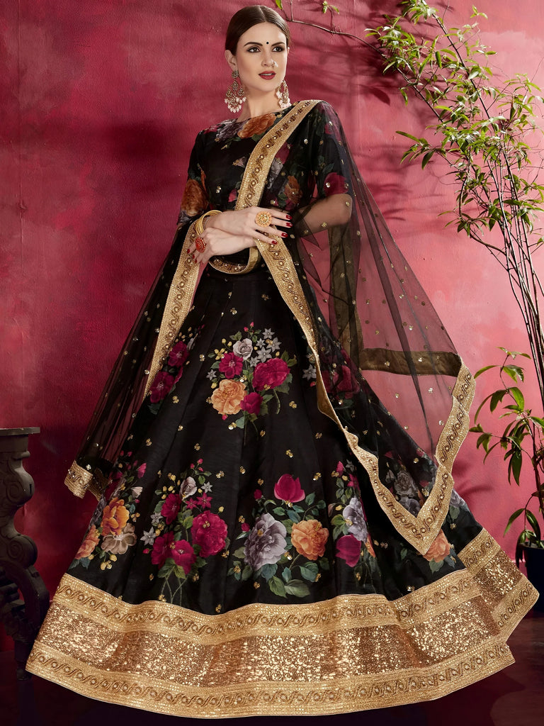 Black Floral Printed Banglori Silk Bridal Lehenga Choli With Dupatta