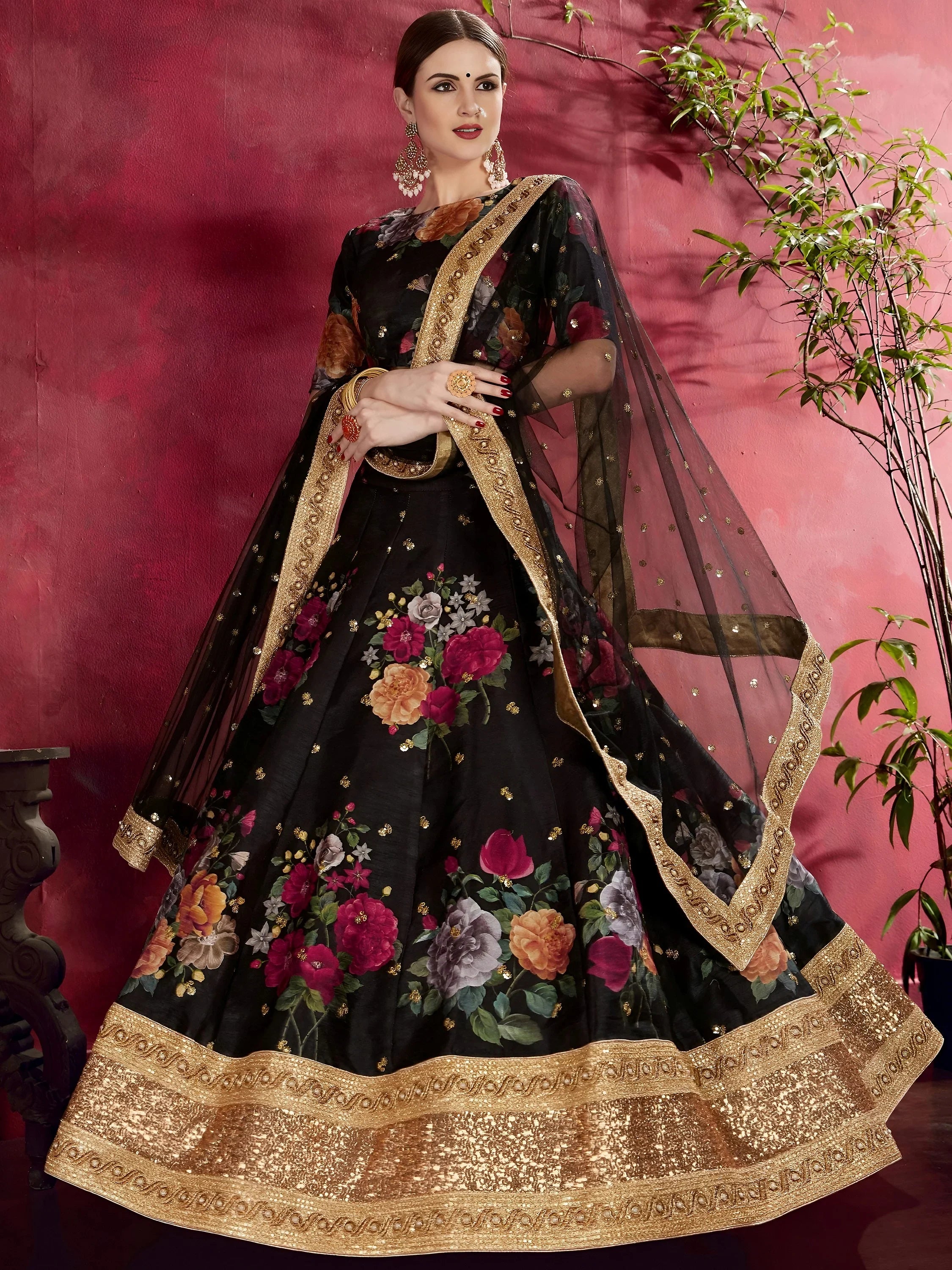 Black Floral Printed Banglori Silk Bridal Lehenga Choli With Dupatta