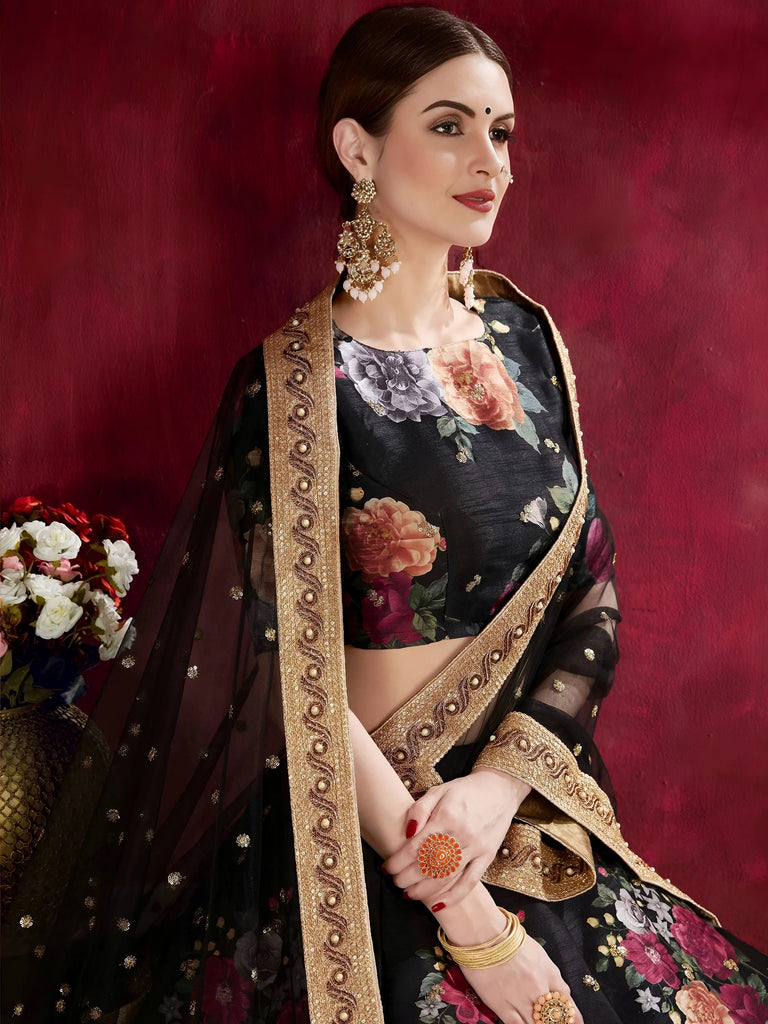 Black Floral Printed Banglori Silk Bridal Lehenga Choli With Dupatta