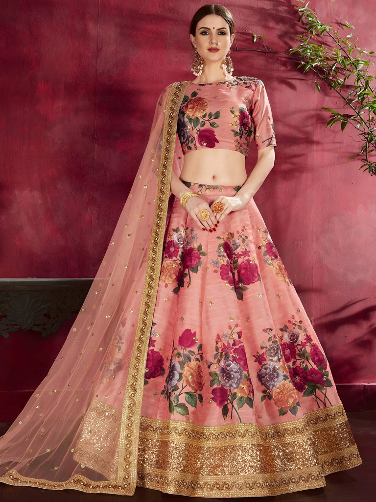 Peach Floral Printed Banglori Silk Bridal Lehenga Choli With Dupatta