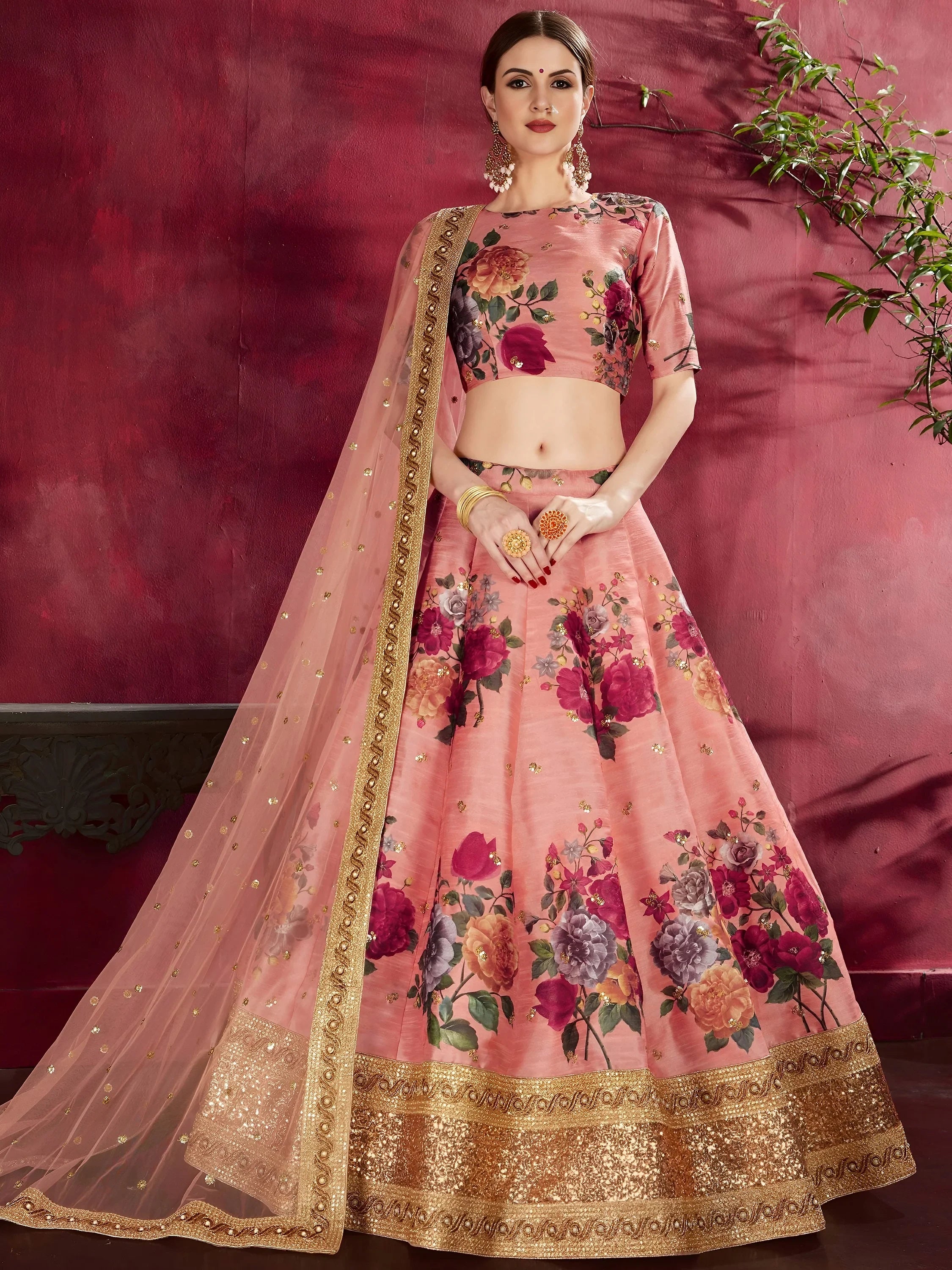 Peach Floral Printed Banglori Silk Bridal Lehenga Choli With Dupatta
