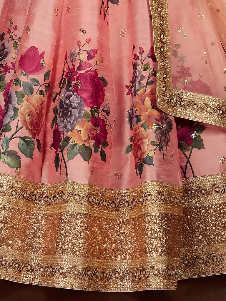 Peach Floral Printed Banglori Silk Bridal Lehenga Choli With Dupatta