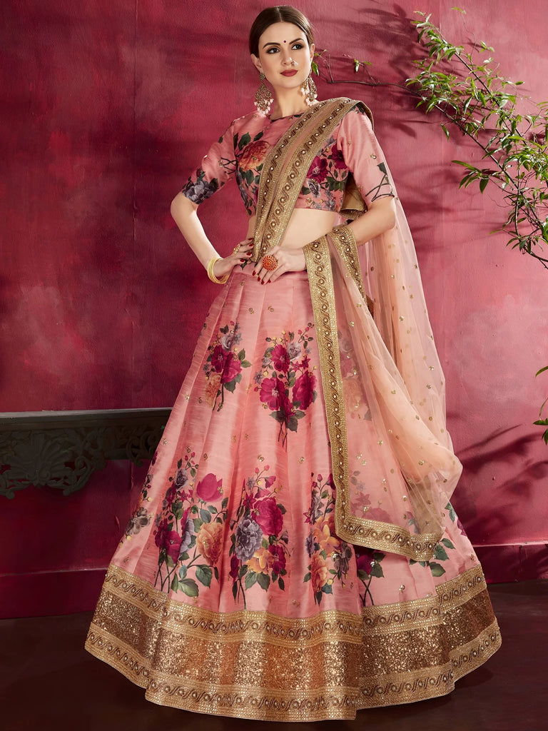 Peach Floral Printed Banglori Silk Bridal Lehenga Choli With Dupatta