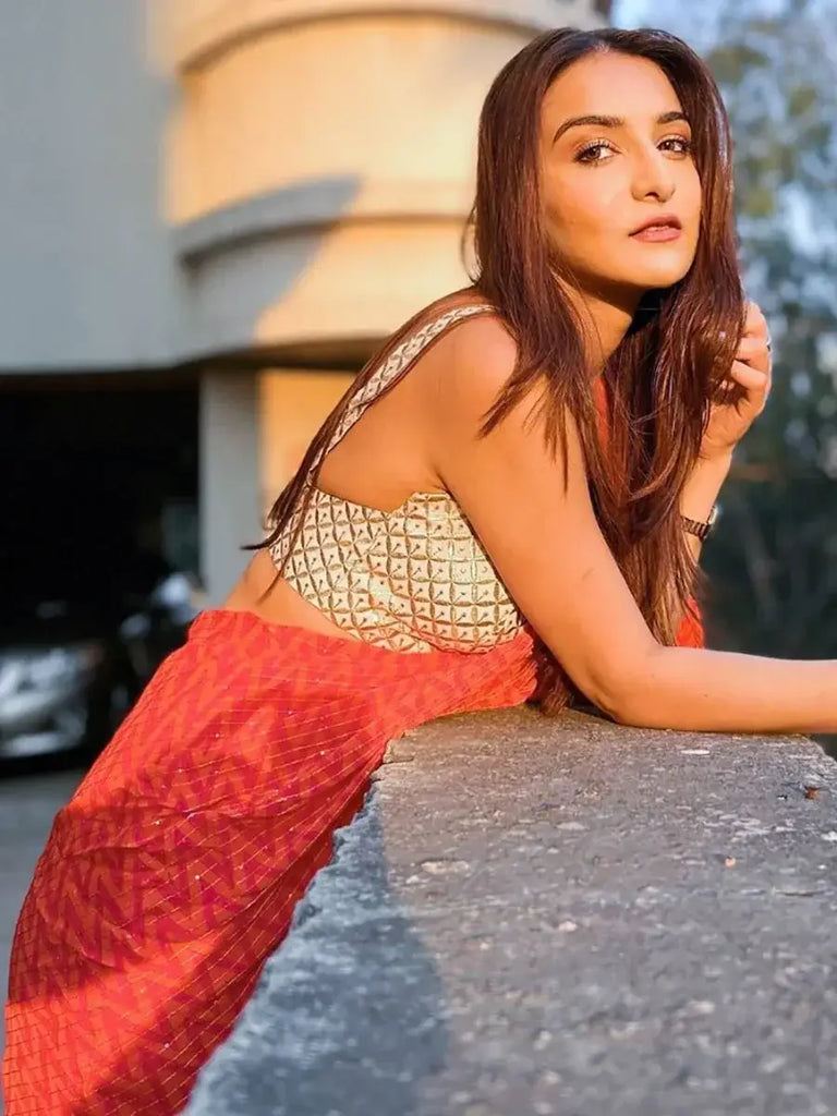 Unanticipated Red Digital Print Frill Chinon Saree With Blouse
