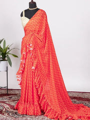 Unanticipated Red Digital Print Frill Chinon Saree With Blouse